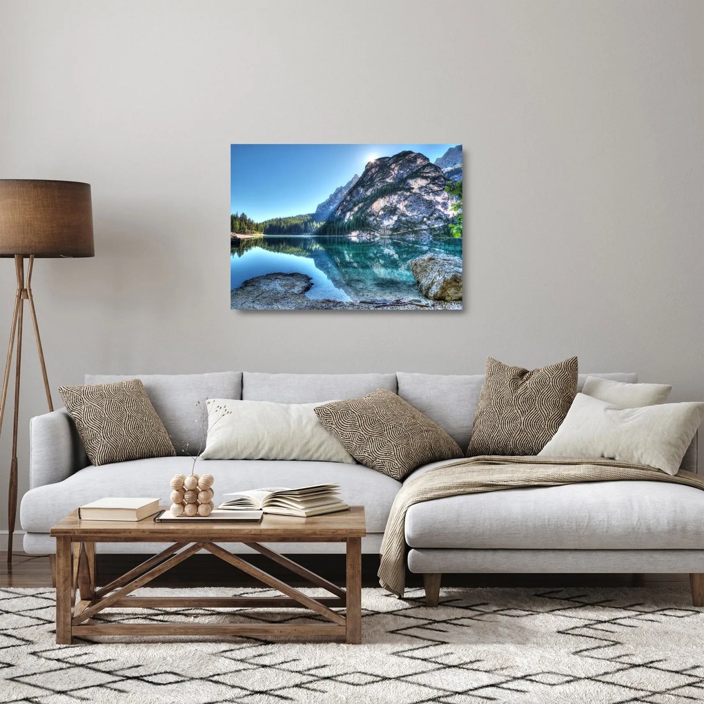 Obraz na szkle wysokogórskiego jeziora (70x50 cm)