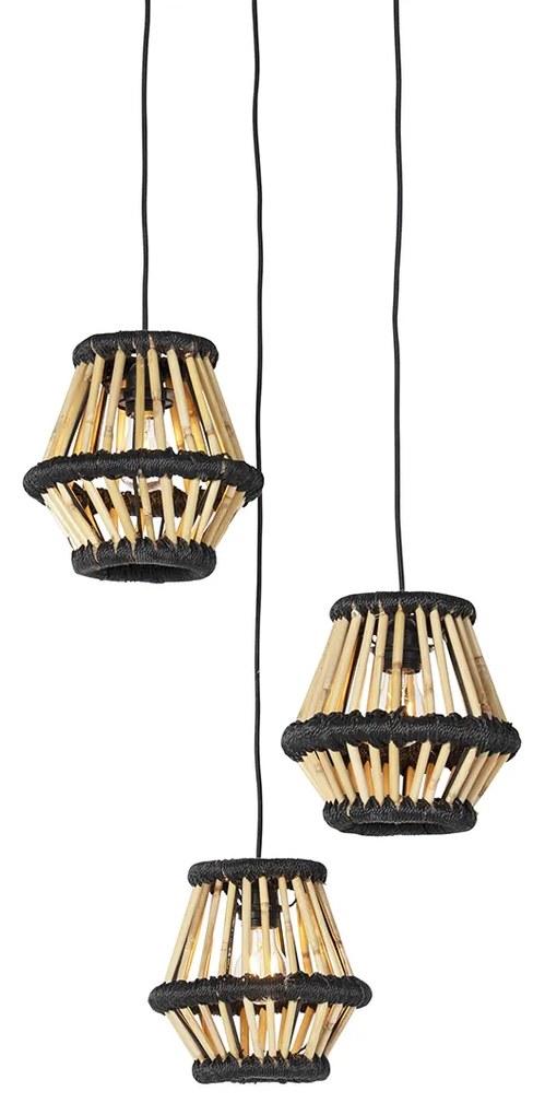 Orientalna lampa wisząca z bambusa z czarnym okrągłym 3-światłem - EvalinKolonialny Oswietlenie wewnetrzne