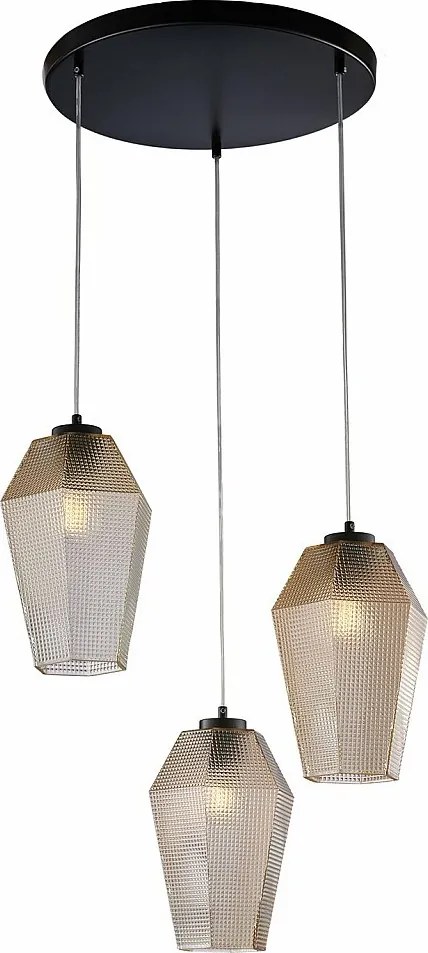 Lampa wisząca Prisma z czarnego lakierowanego żelaza, regulowane kable, klosze z bursztynowego szkła dmuchanego z dekoracją tłoczoną, 3 światła
