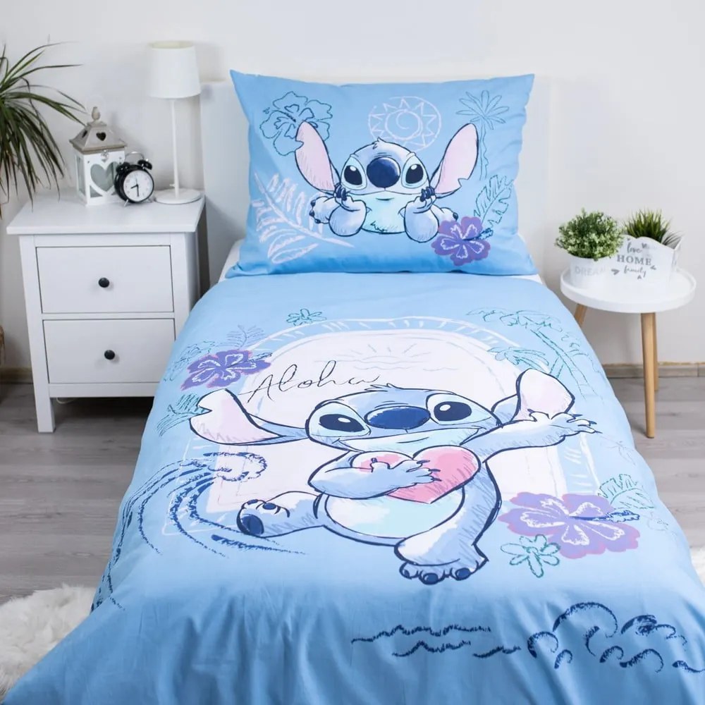 Niebieska bawełniana pościel dziecięca jednoosobowa 140x200 cm Lilo and Stitch "Wave" – Jerry Fabrics