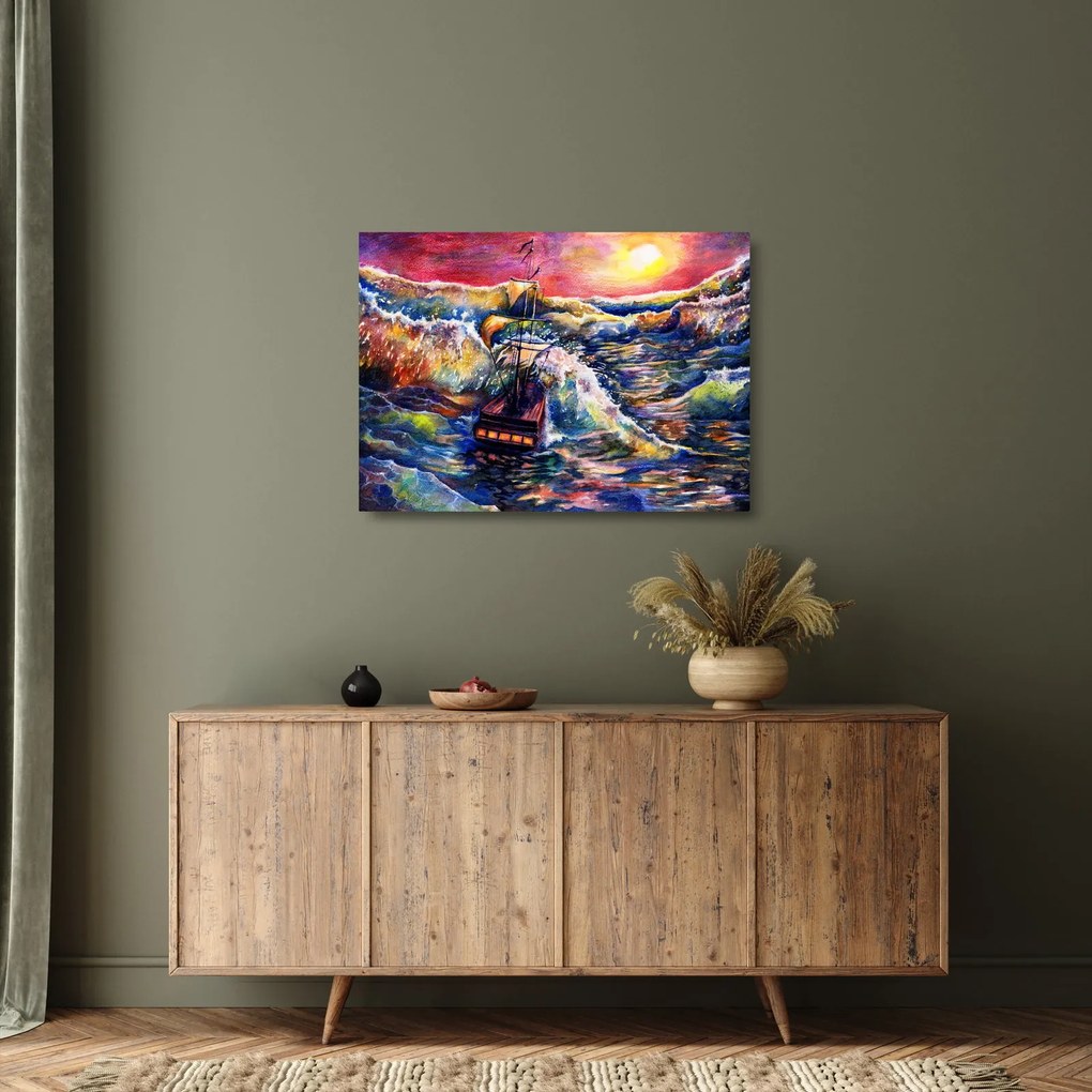 Obraz na szkle - Statek na falach oceanu, akwarela (70x50 cm)
