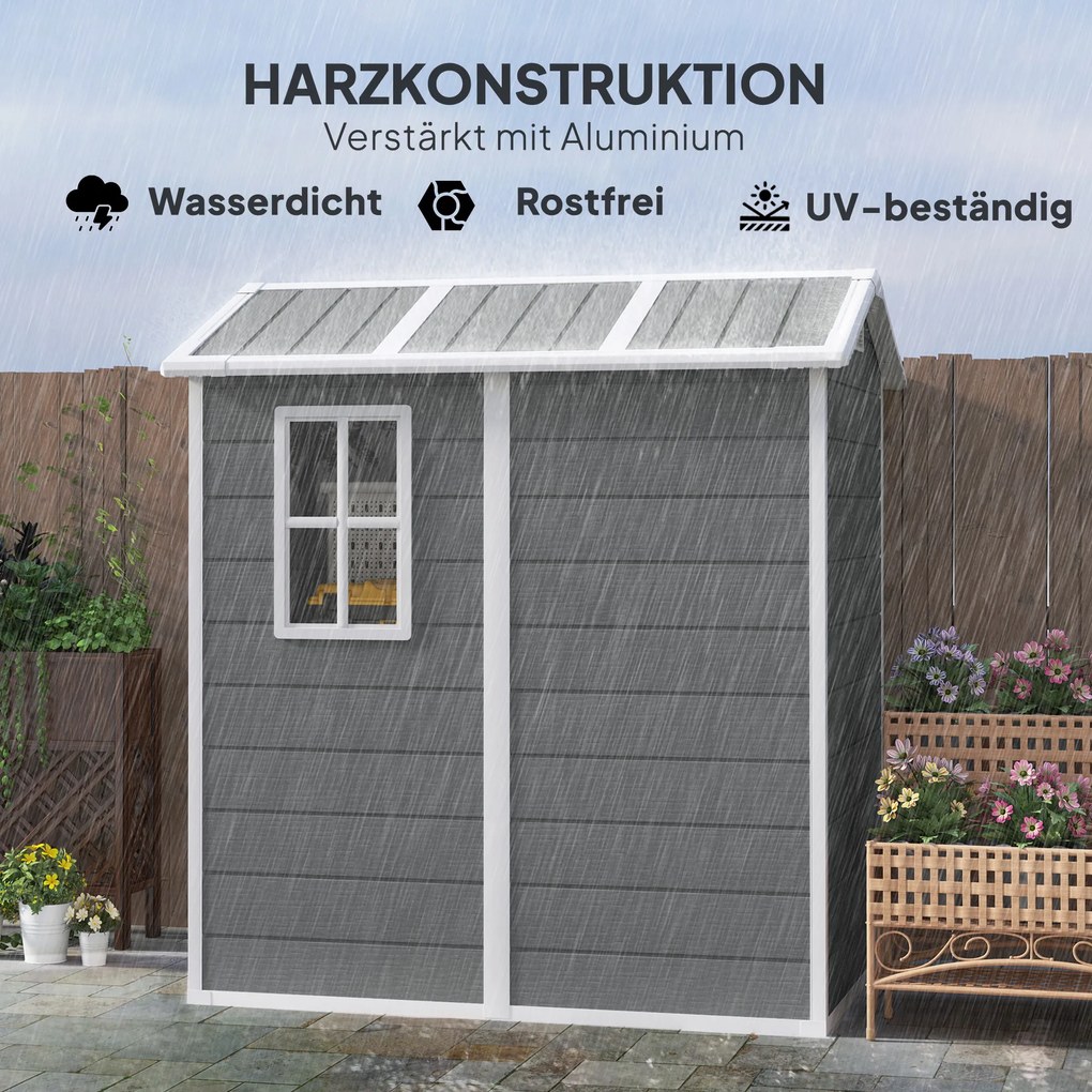 Outsunny Schowek Ogrodowy, Plastikowy Domek Ogrodowy z Podłogą i Oknem, Zamknięte Drzwi, na Ogród, 131S x 186G x 198W cm, Szary