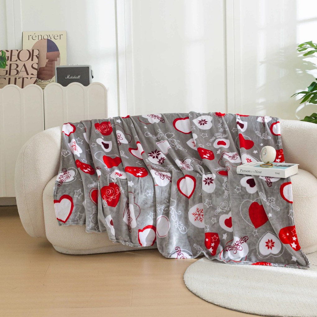 Świąteczny koc z mikropluszuy CHRISTMAS HEART szary Rozmiar: 200 x 220 cm