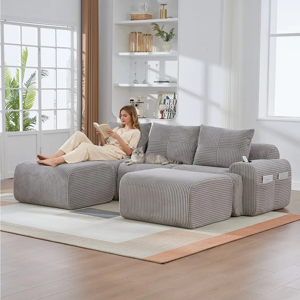 Sofa modułowa 3-osobowa - 268 x 174 x 80 cm - z 2 pufami + uchwytami na kubki + kieszenią do przechowywania - aksamit - jasnoszary