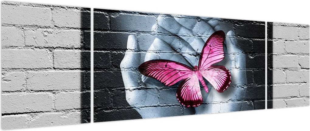 Obraz - Różowy motyl w ścianie (170x50 cm)