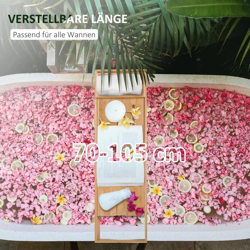 HOMCOM Półka na Wannę Bambusowa Rozsuwana Nakładka na Wannę Naturalny Kolor 70-105x21 8x5cm | Aosom PL