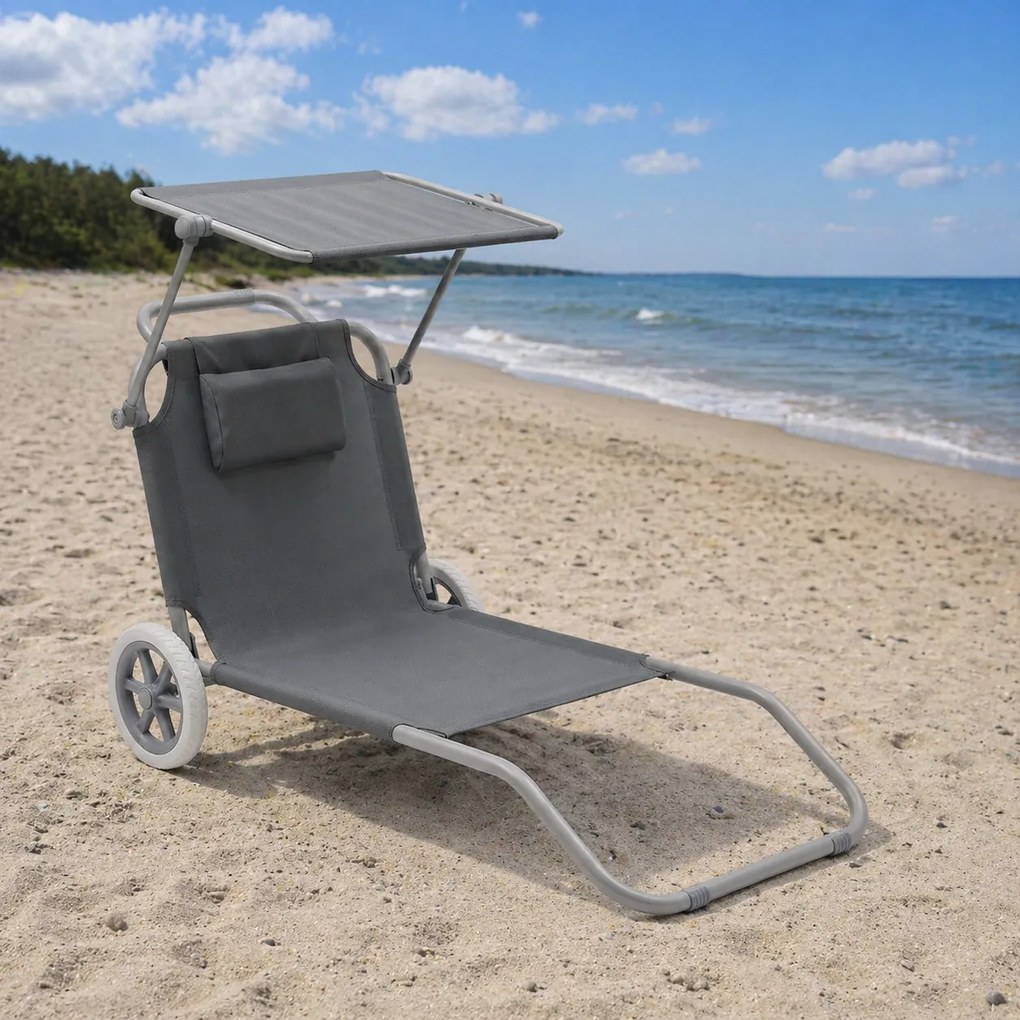 Leżak plażowy Solmare z daszkiem i kołami - składany leżak ogrodowy, ciemnoszary