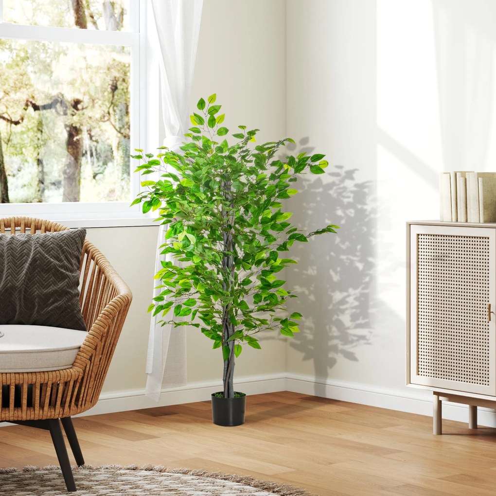 HOMCOM Sztuczne Drzewo Ficus, Realistyczny Wygląd, Donica Cementowa, 135 cm, Łatwe w Utrzymaniu, Plastik, Zielony