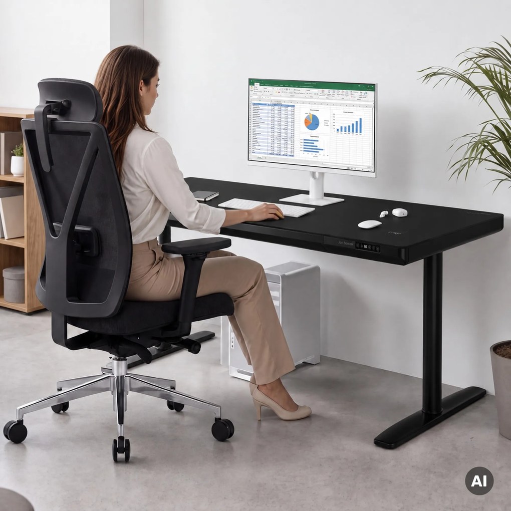 Biurko elektryczne sit-stand z szufladą i ładowarką bezprzewodową Qi czarne, 1600 mm: ELLIS