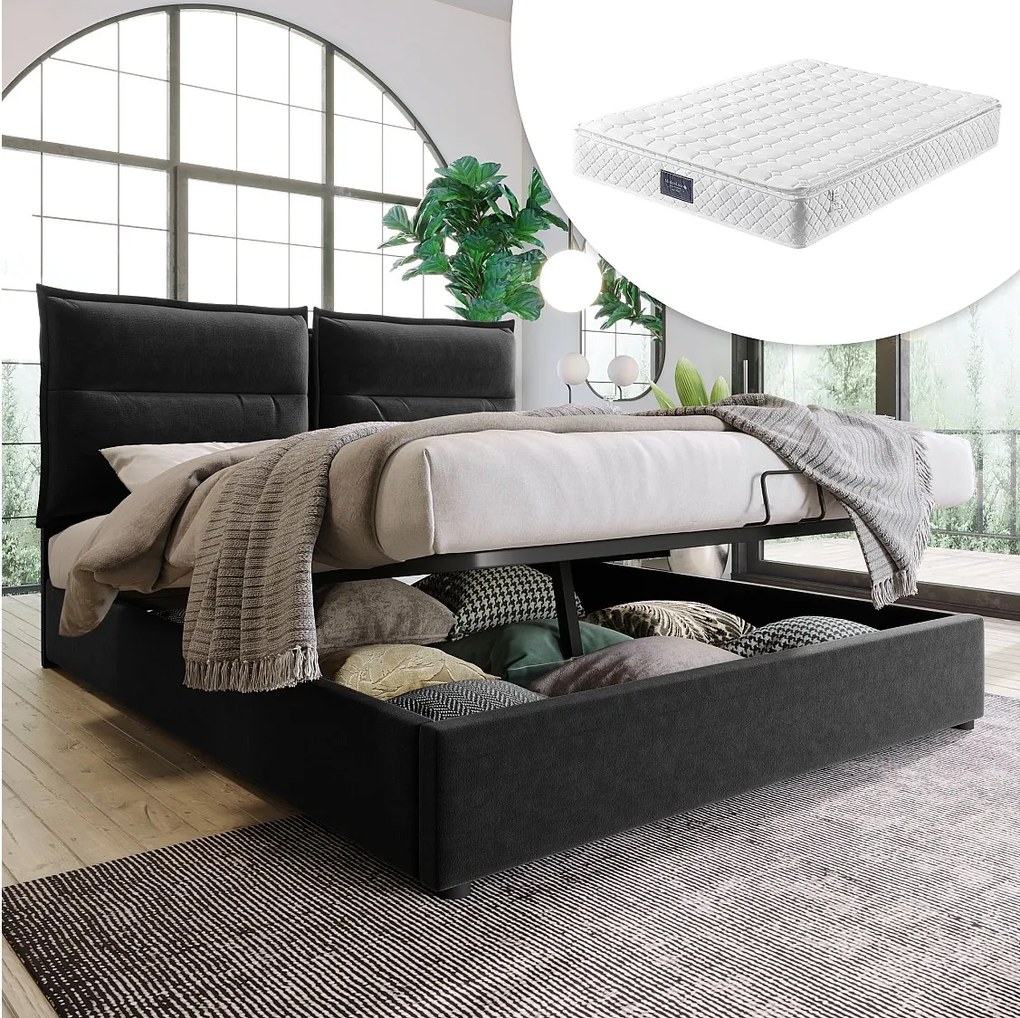 Łóżko z pojemnikiem 140x200 cm - Regulowany zagłówek - Czarny aksamit - Materac w zestawie