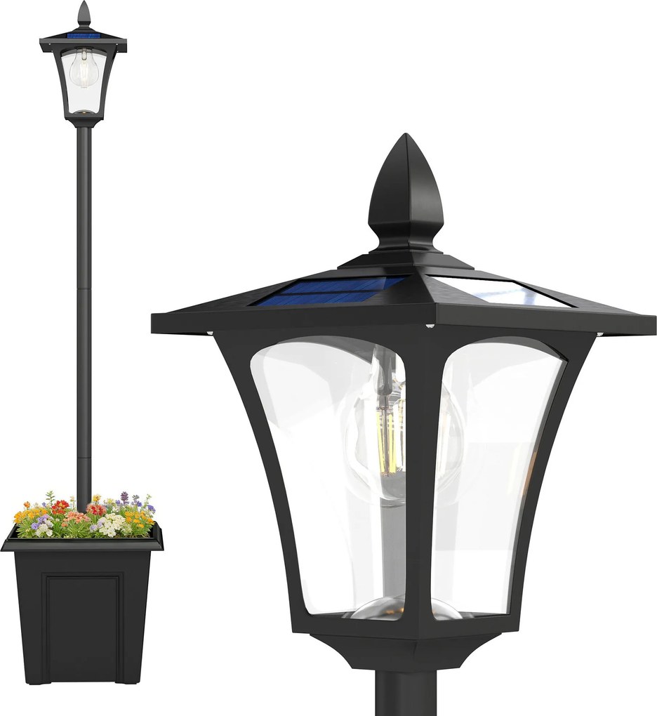 Outsunny Solarna lampa ogrodowa, odporna na warunki atmosferyczne, wysokość 160 cm, LED, 10 godz. oświetlenia, IP44, zewnętrzna, Czarna | Aosom PL