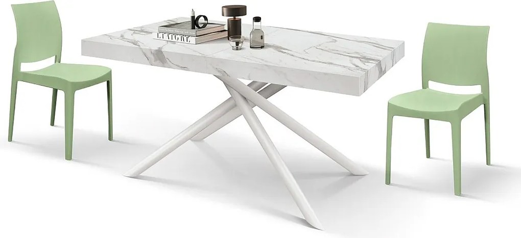 Stół drewniany, białe wykończenie i białe nogi, rozkładany 160x90- 240x90 - CARRARA