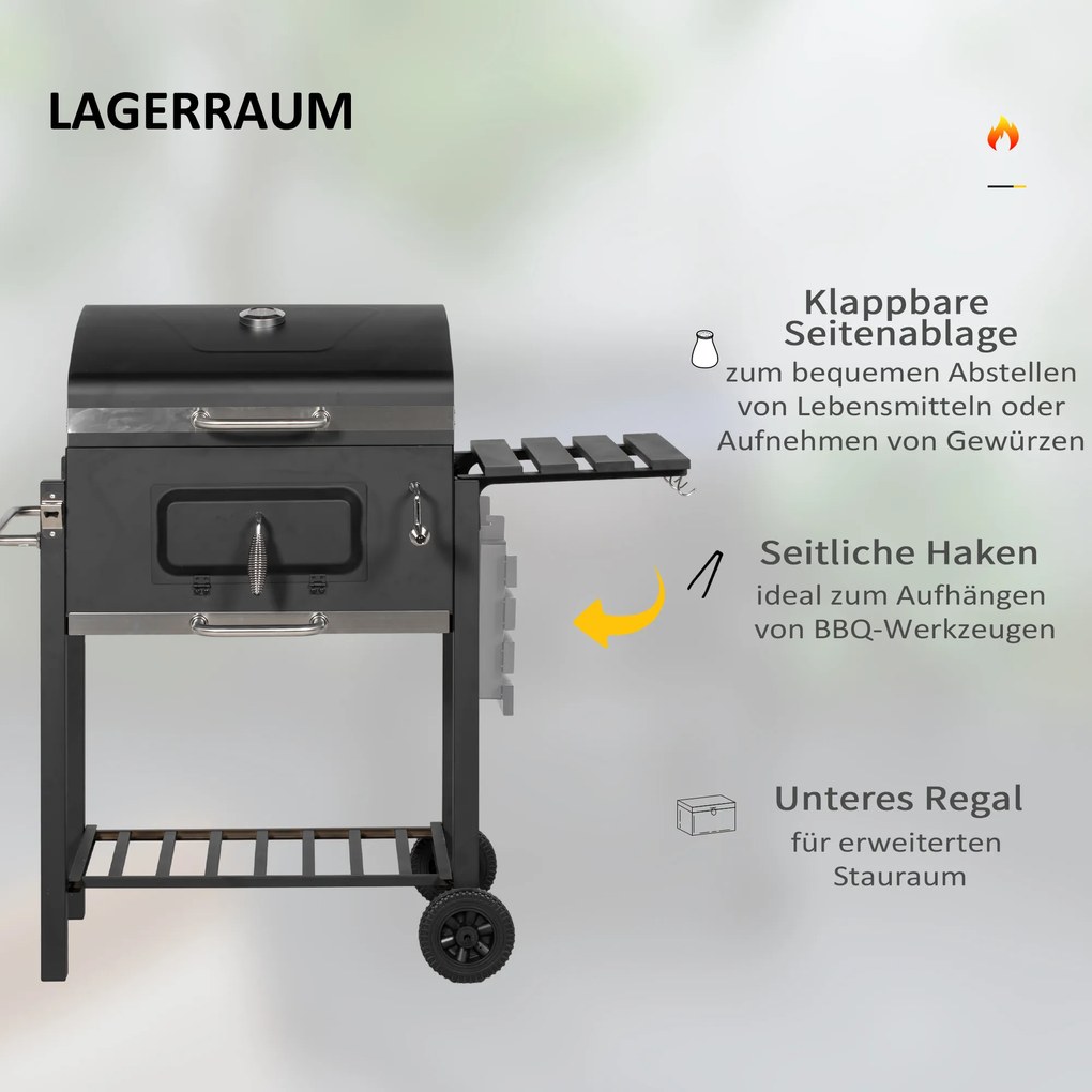 Outsunny Grill węglowy Smoker BBQ-Smoker, 1 półka, 1 uchwyt na ręcznik, 2 ruszty grillowe, 113 cm x 65 cm x 108 cm, Czarny