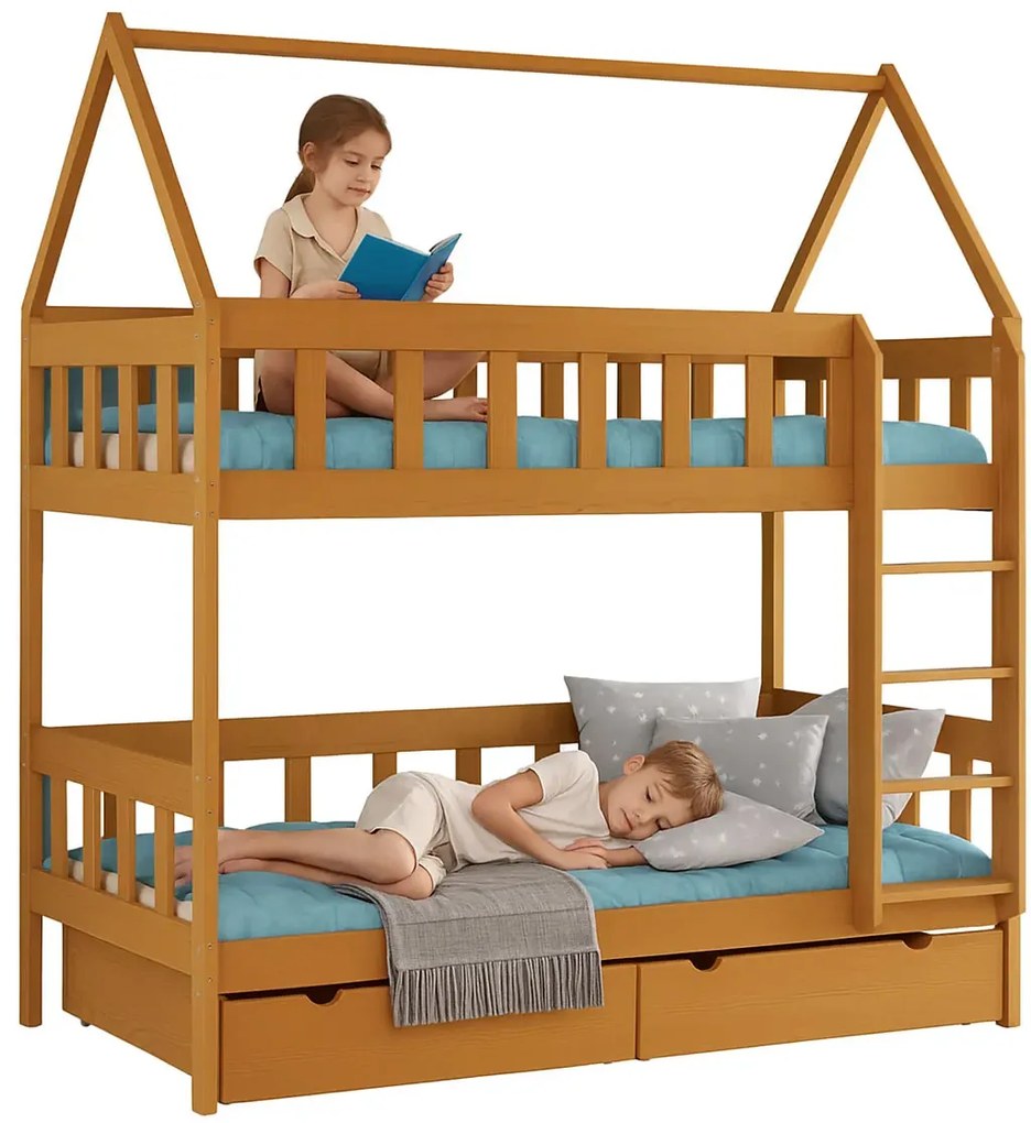 Piętrowe łóżko domek z drewna dla dwójki dzieci, olcha K1-R27
