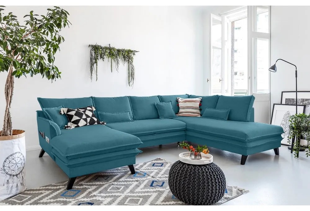 Turkusowa rozkładana sofa w kształcie litery "U" Miuform Charming Charlie, prawostronna