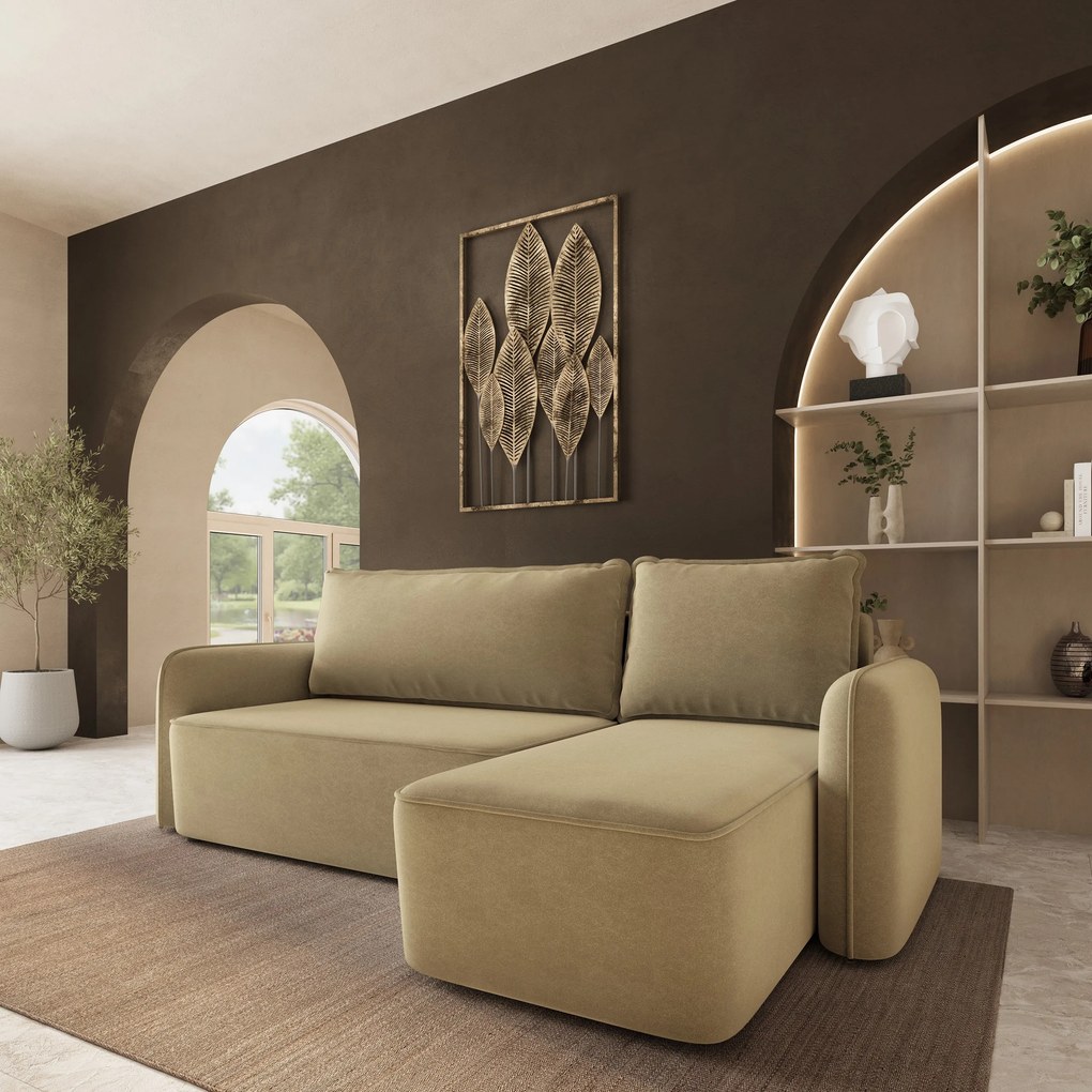 Masseno Narożnik DOLVER z funkcją spania i pojemnikiem na pościel Narozniki L, Rozkładana sofa - Musztardowy, CASTEL 48