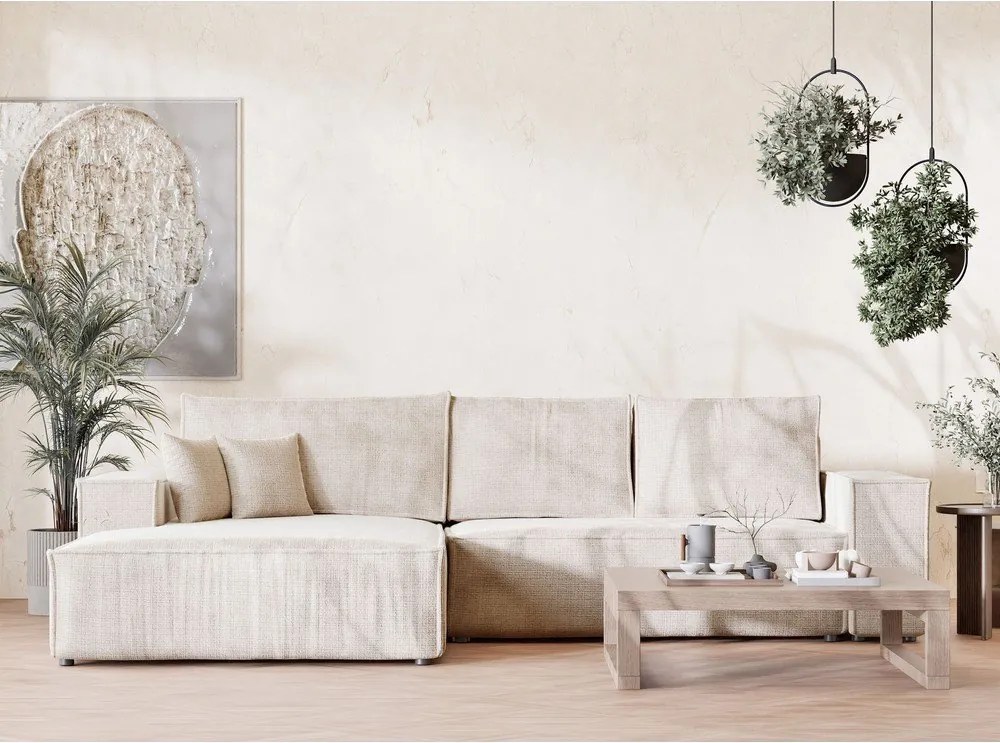 Kremowy rozkładany narożnik ze schowkiem z tkaniny szenilowej (lewostronny/z szezlongiem) Maze – Maison de Rêve