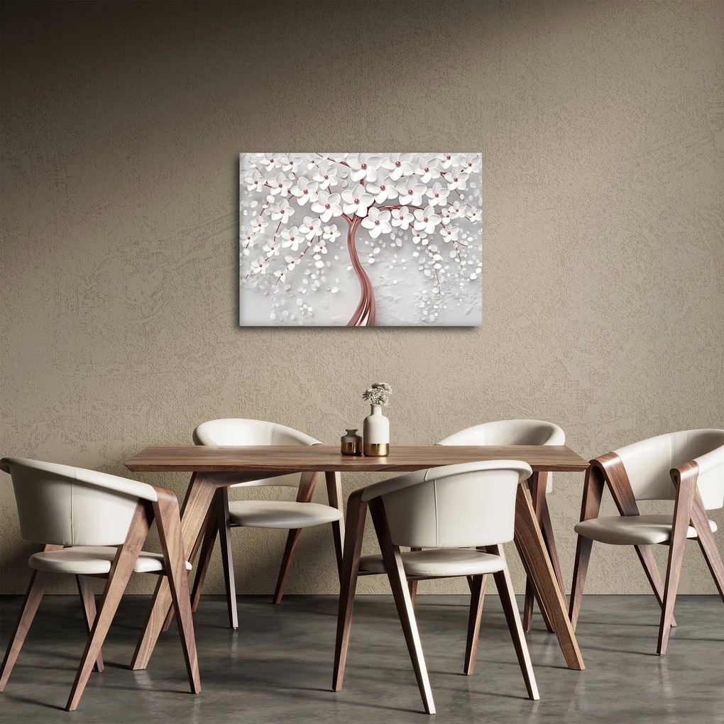 Obraz - Obraz białego drzewa z kwiatami, rosegold (70x50 cm)