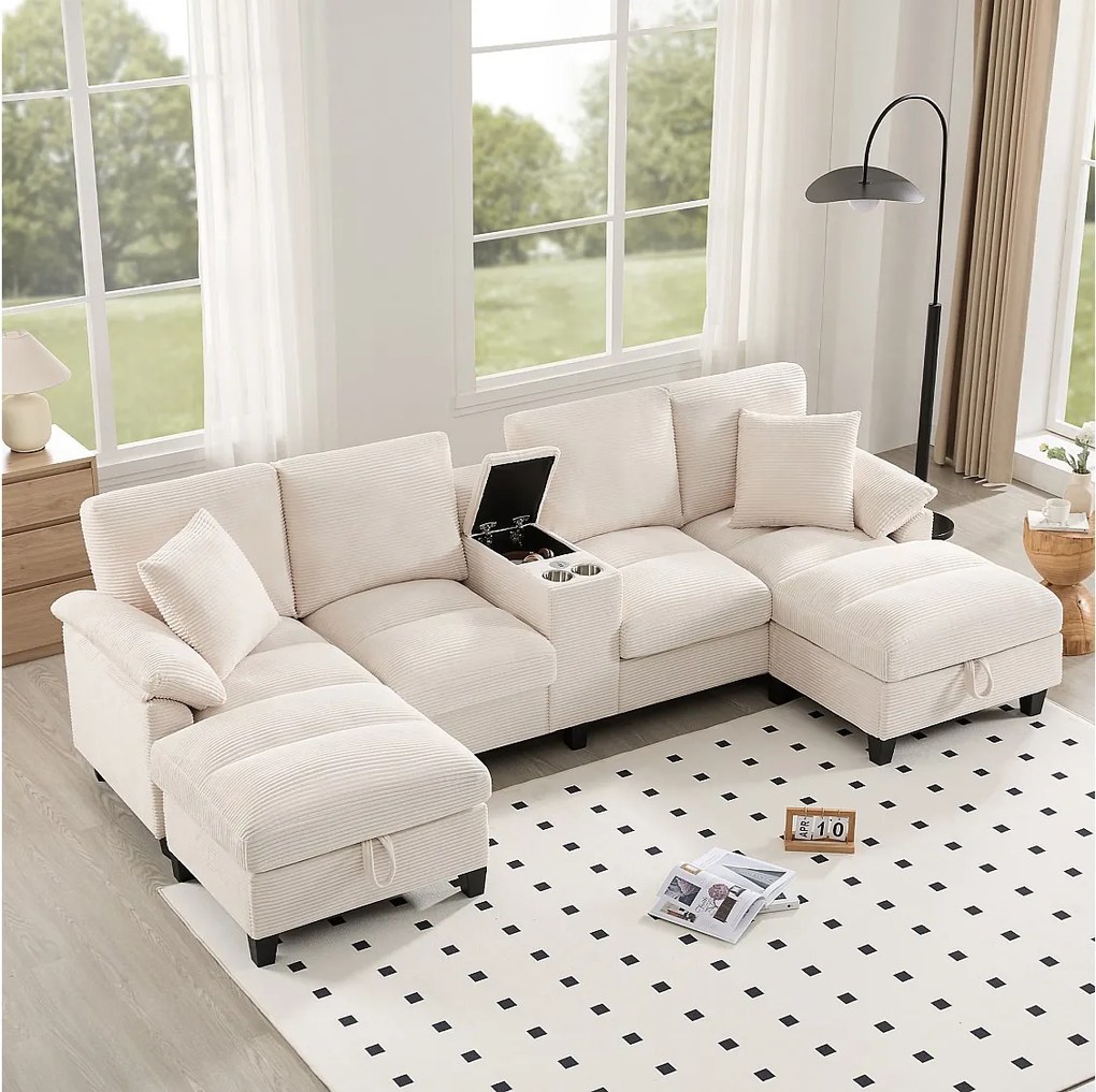 Sofa w kształcie litery U 4-osobowa ze schowkiem + uchwytami na kubki + portami USB - 293 x 142 x 93 cm - Aksamit - beż