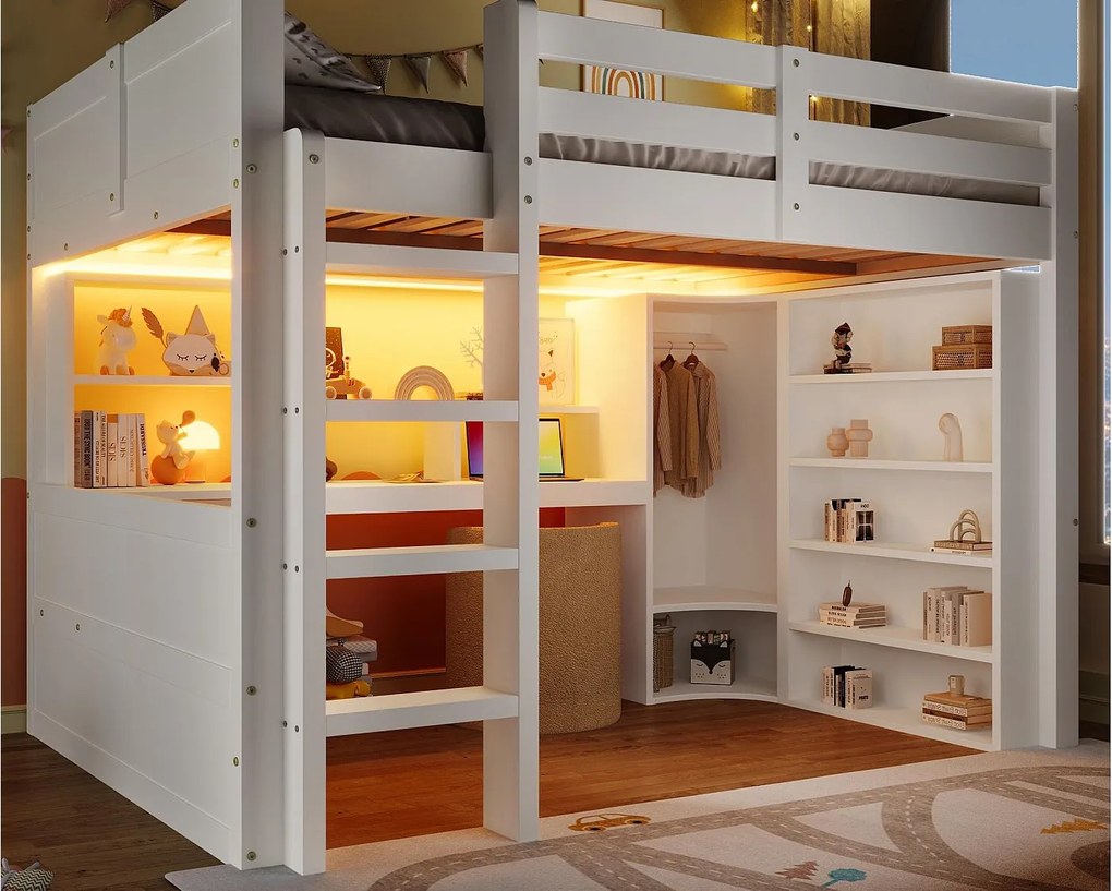 Łóżko na antresoli 140x200cm - z oświetleniem LED - z szafą + biurkiem - z 3 szufladami - z przegródkami do przechowywania - biały