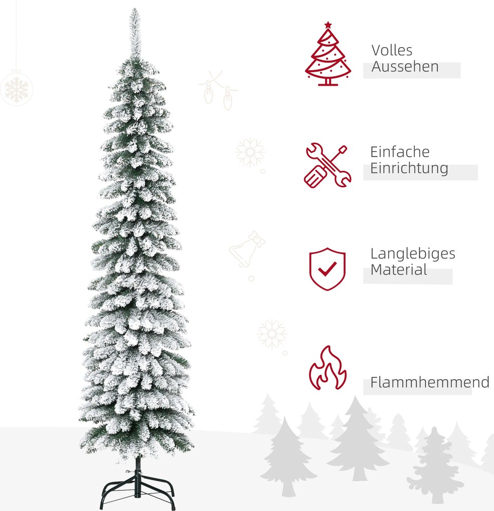 HOMCOM Sztuczna Choinka świąteczna, śnieżna, wąski design, ognioodporna, 180 cm, Zielony/Biały | Aosom PL