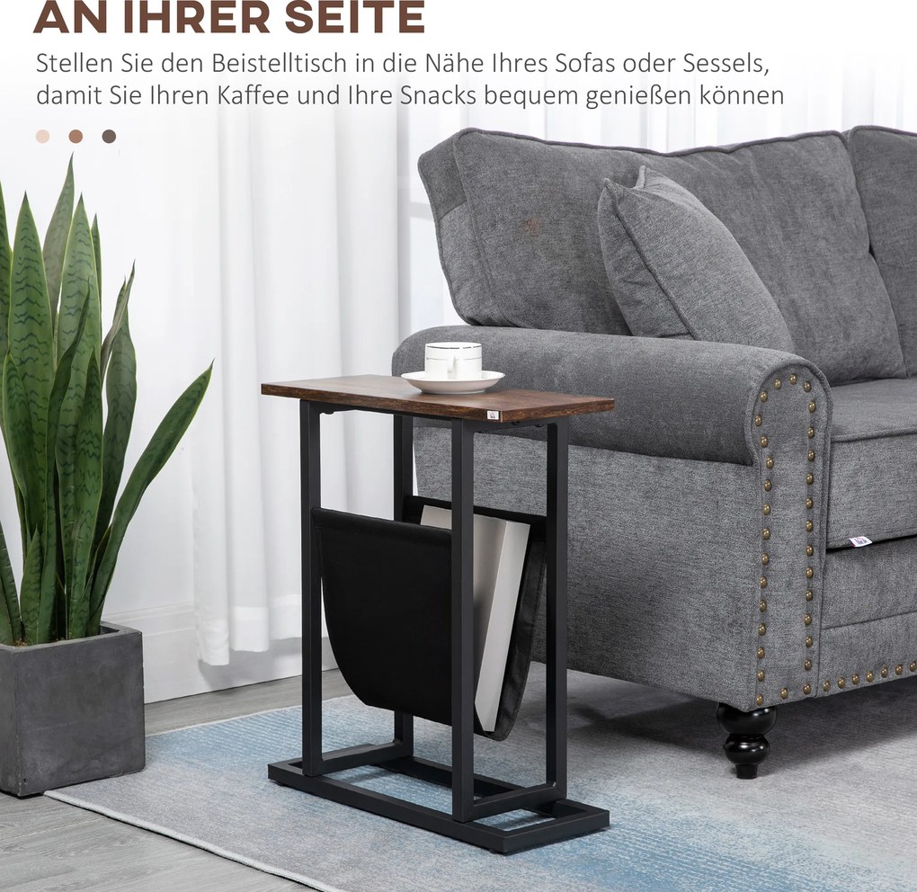 HOMCOM Stolik pomocniczy, stolik nocny, smukła konstrukcja, z kieszenią na materiały, stal, ciemnobrązowy+czarny, 49 x 19 x 55 cm