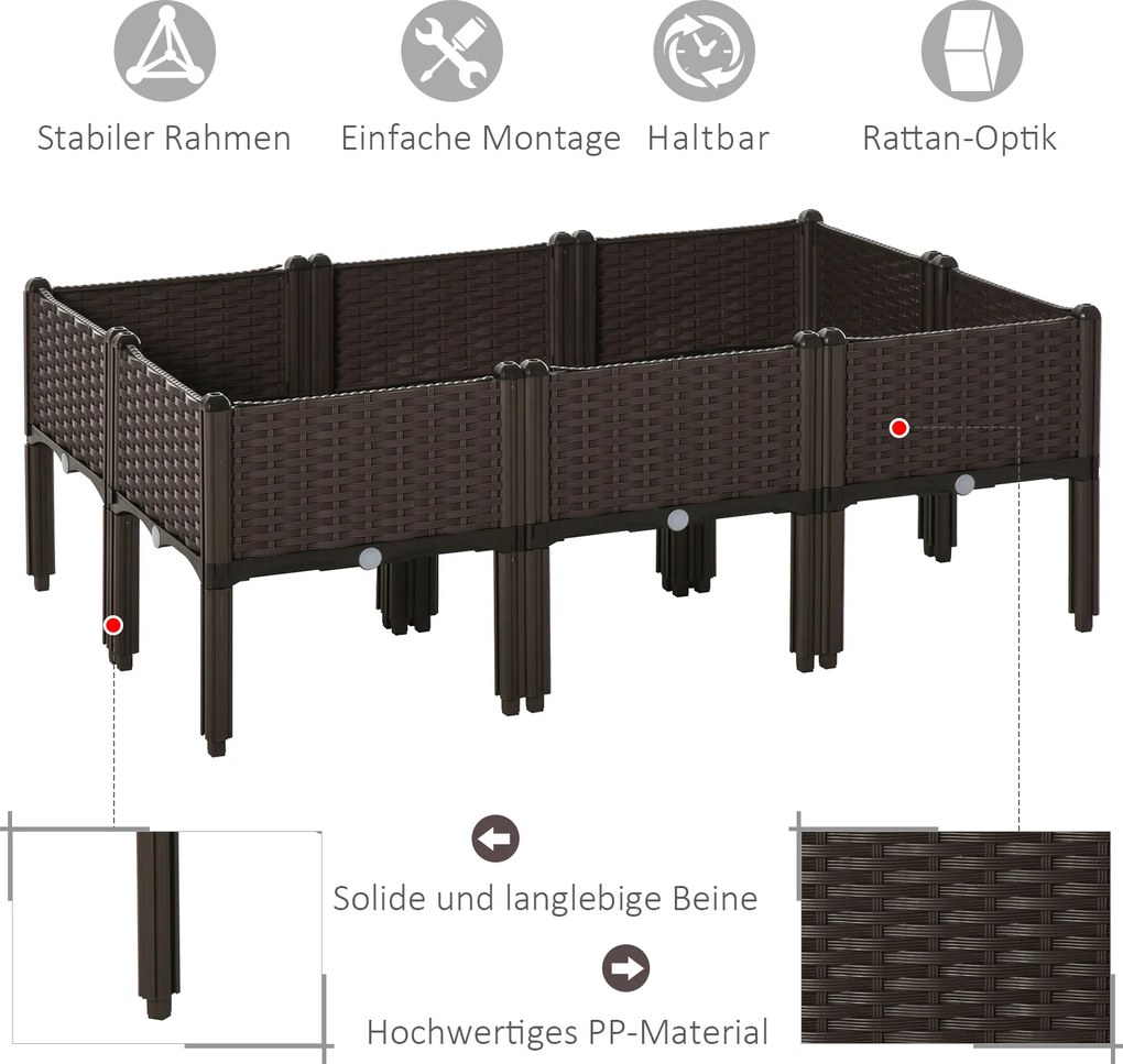 Outsunny podwyższona grządka 6-częściowa skrzynia na rośliny z otworami odpływowymi o wyglądzie rattanu kwietnik DIY kolor brązowy 40 x 40 x 44 cm