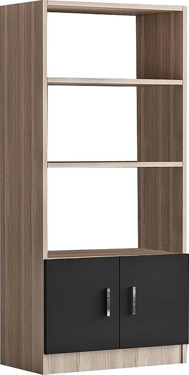 Nowoczesny regał na książki w kolorze dębu i czerni, szer. 25" x wys. 55" x gł. 15" | Płyta wiórowa pokryta melaminą w 100%, grubość 0,75" |
