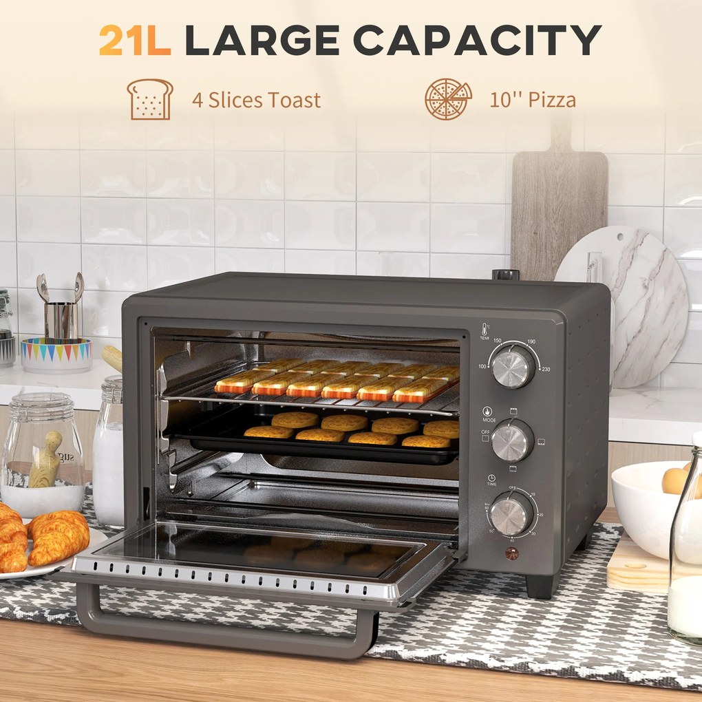 HOMCOM Minipiekarnik, 21 L Piekarnik tosterowy z 1 rusztem i 1 blachą, 3 tryby gotowania, 100 °C-230 °C, Stal nierdzewna, Szkło, Szary