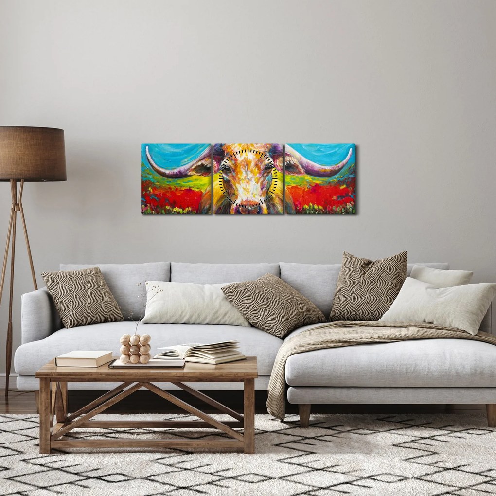 Obraz - Malowana krowa (z zegarem) (90x30 cm)
