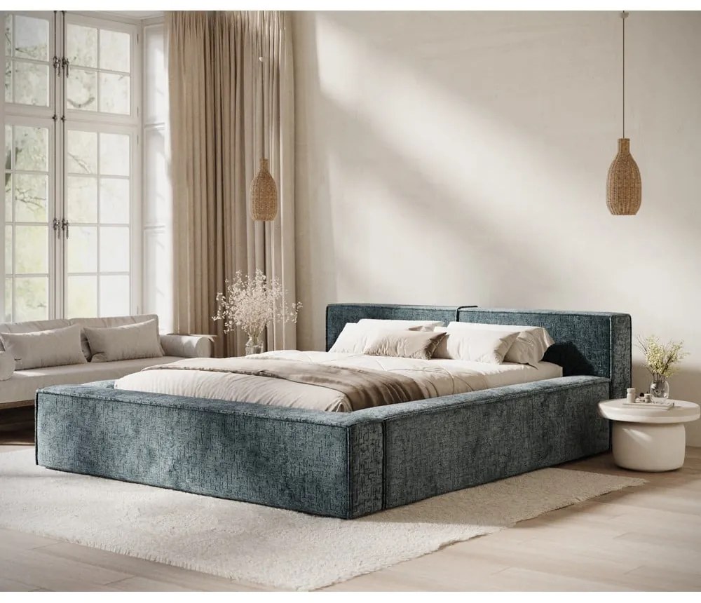 Szaroniebieskie tapicerowane łóżko dwuosobowe ze schowkiem i stelażem 180x200 cm Voliera – Maison de Rêve