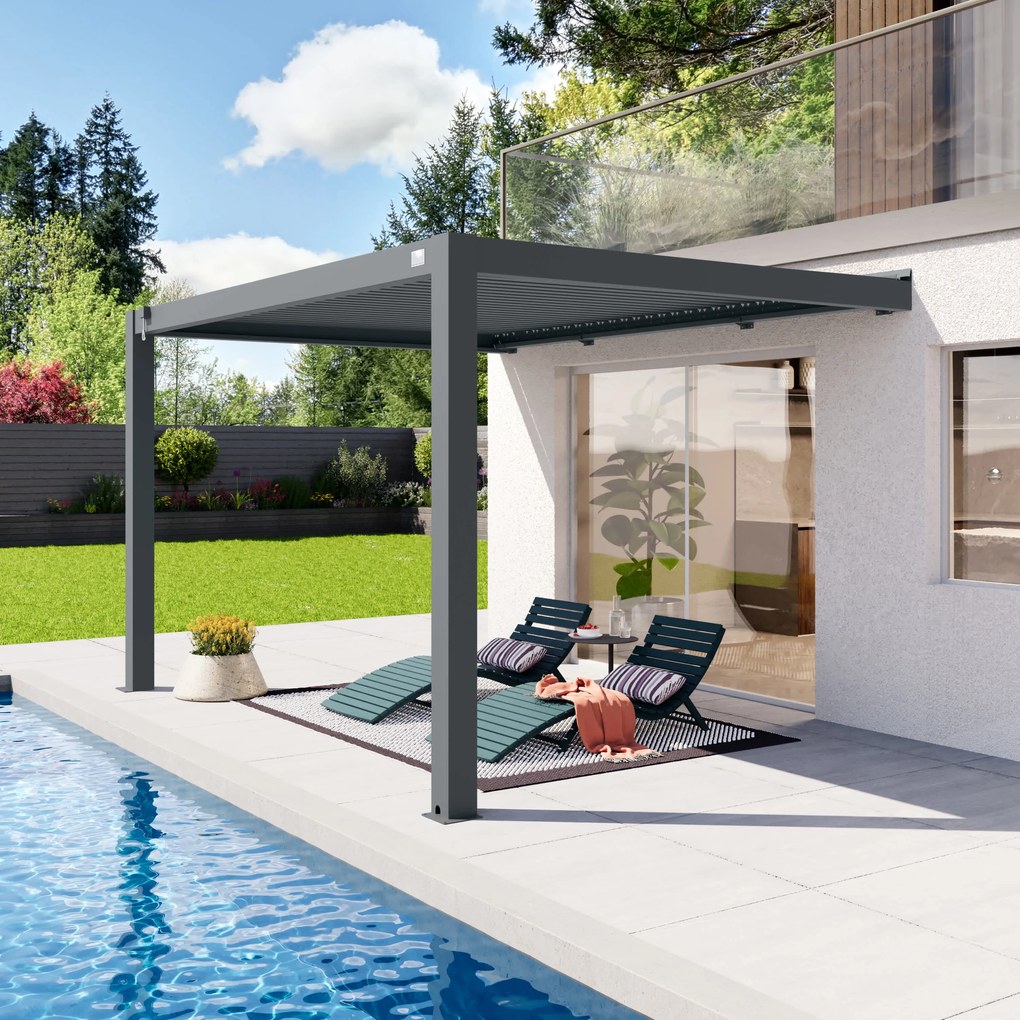 PRIMEYARD 3x4 pergola przyścienna w kolorze antracyt, z dachem lamelowym w kolorze antracyt - (400141)