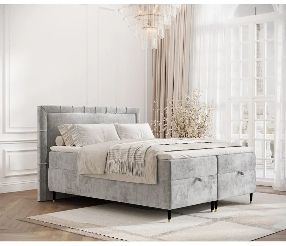 Jasnoszare łóżko boxspring ze schowkiem 160x200 cm Voyage – Maison de Rêve