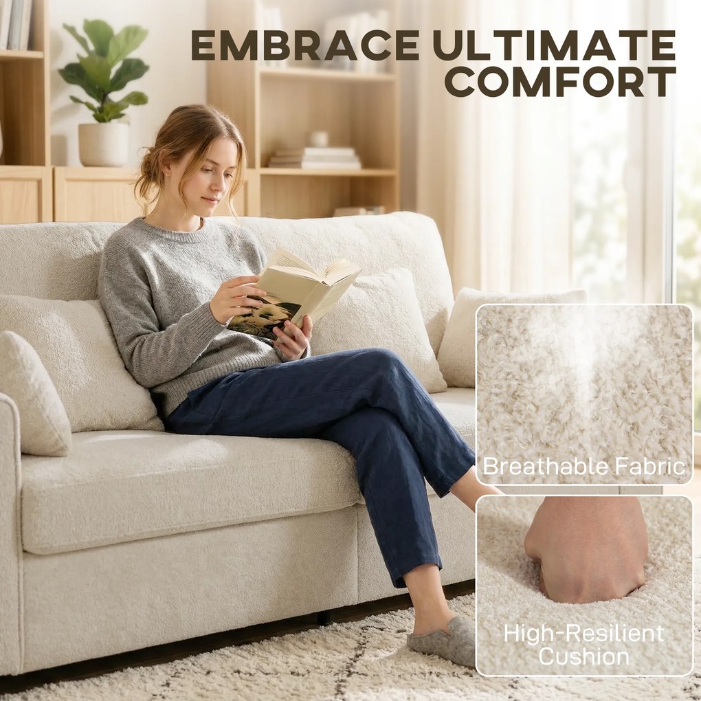 HOMCOM Beżowa Sofa 3-osobowa z Tkaniną o Strukturze Weluru, Głębokim Siedziskiem, Poduszkami z Pianki, Szerokimi Podłokietnikami i 4 Poduszkami | Aosom PL