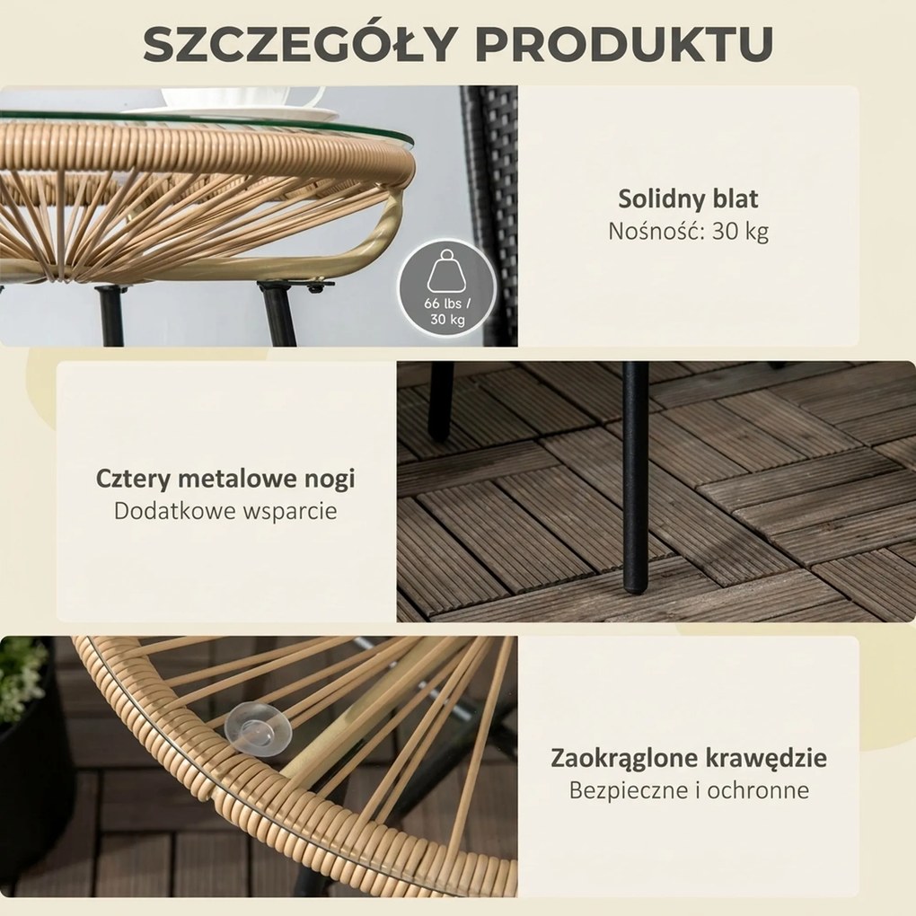 Outsunny Stolik Ogrodowy Boho PE-Rattan Hartowane Szkło Beżowy Odporność na Warunki Atmosferyczne | Aosom PL