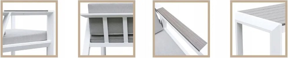 Zestaw mebli ogrodowych biały aluminium sofa fotele stolik drewniane detale