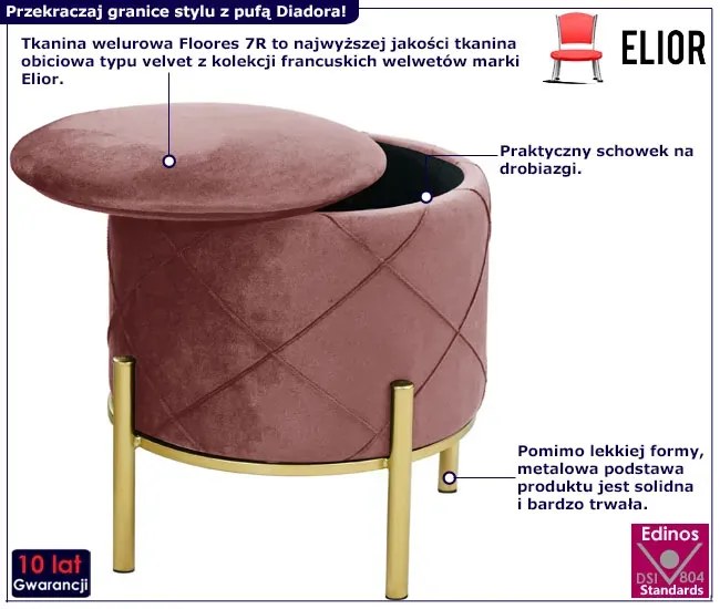 Welurowa różowa pufa glamour na nóżkach E5-W07