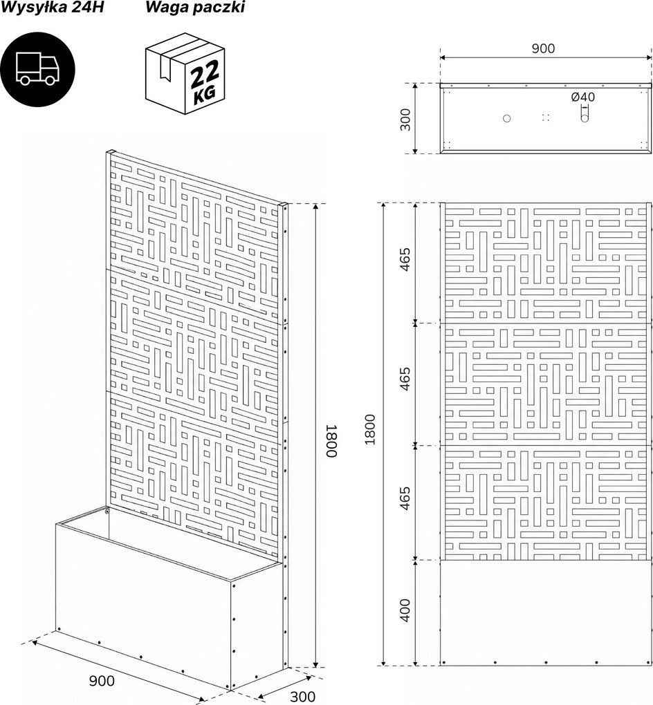 Pergola ogrodowa metalowa z donicą czarna 3in1, 900 × 1800 × 300 mm: ROSE
