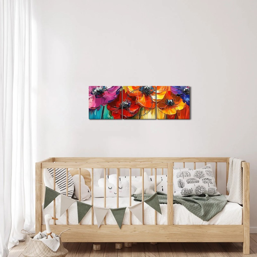 Obraz - Pięć kolorowych kwiatów (z zegarem) (90x30 cm)