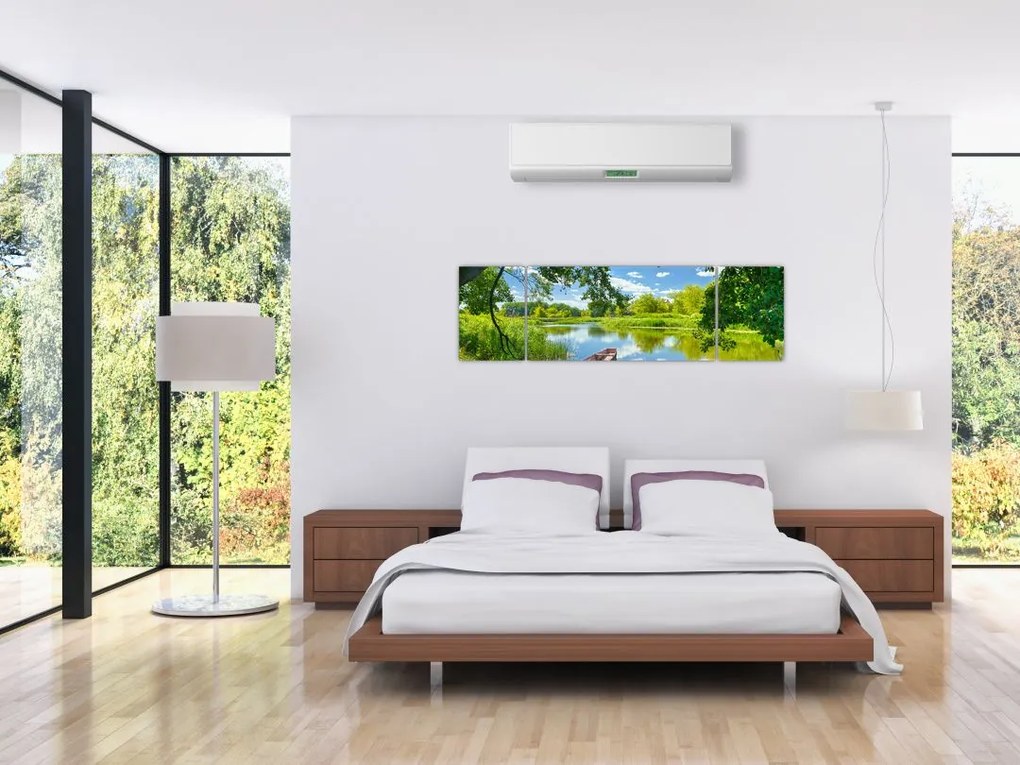 Obraz letniej rzeki z łodzią (170x50 cm)