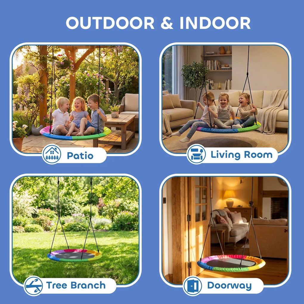 AIYAPLAY Huśtawka Gniazdo Regulowana do 300 kg z Regulowanymi Linami 100 x 100 x 180 cm Wielokolorowa | Aosom PL