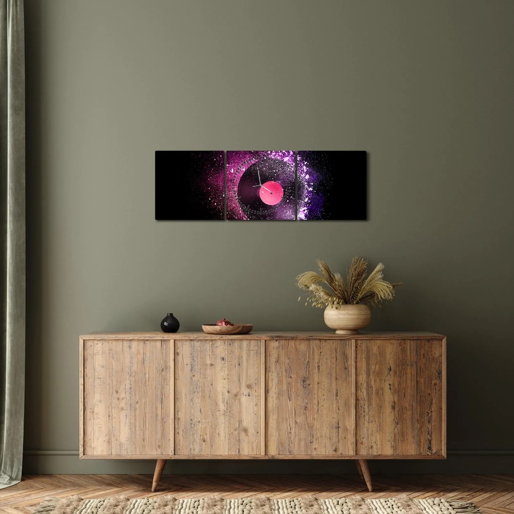 Obraz - Płyta winylowa w kolorze różowo-fioletowym (z zegarem) (90x30 cm)