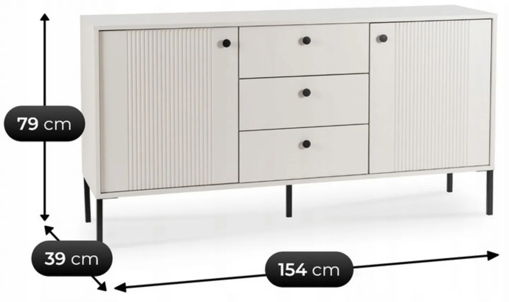 Komoda do Salonu SOFT 154 cm Kaszmir Ryflowana Dwudrzwiowa z Szufladami Nowoczesna