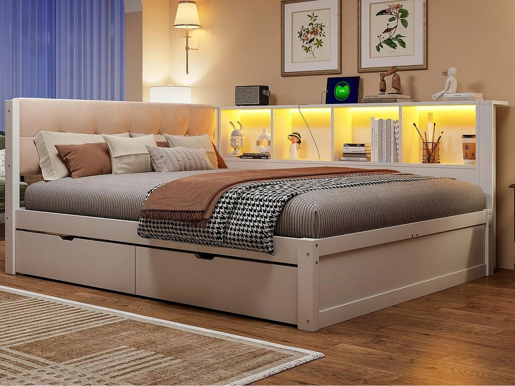 Sofa rozkładana 140 × 200 cm - z szufladami - z oświetleniem LED - z półkami - z portem USB - biały (materac nie w zestawie)