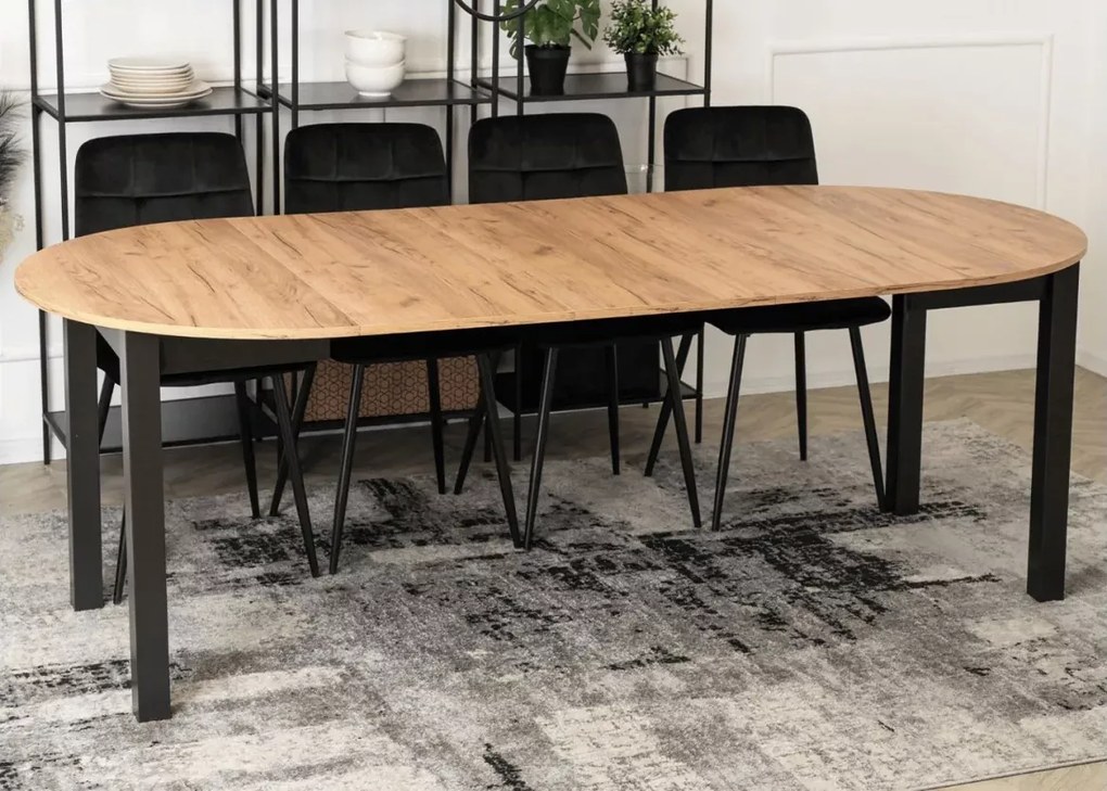 Okrągły stół rozkładany Hudson 102-222 cm w kolorze dąb craft / czarny, blat płyta laminowana, nogi MDF