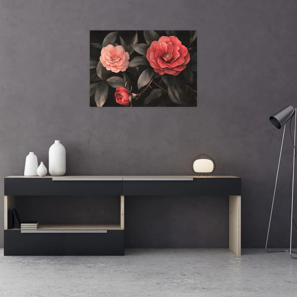 Obraz na szkle - Czerwone kwiaty na ciemnym tle (70x50 cm)