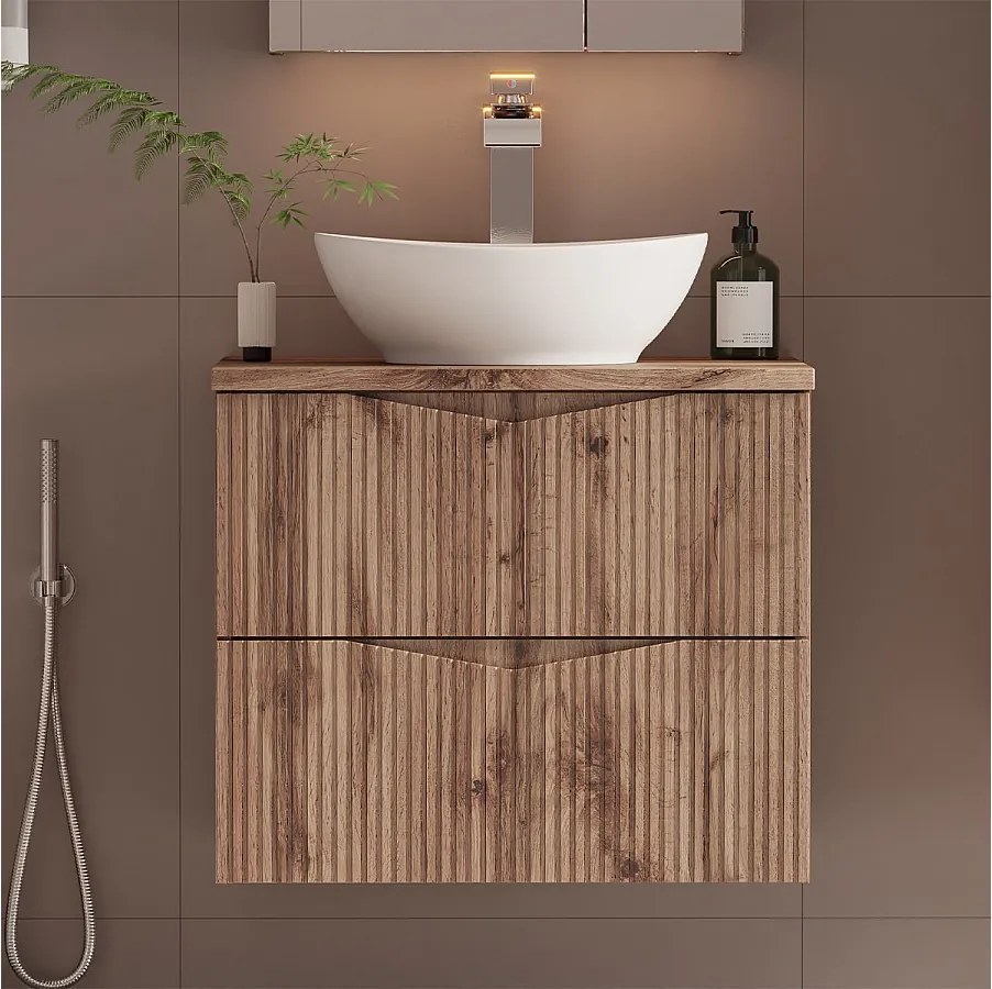 Zestaw do Łazienki 60cm Szafka z Blatem Ryflowane Fornty Dąb Wotan Cleo
