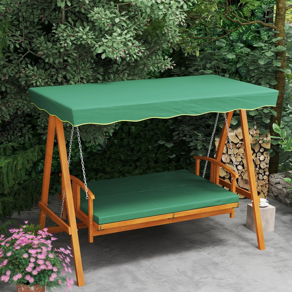 Outsunny Huśtawka ogrodowa z daszkiem, drewniana, z funkcją leżanki, dla 3 osób, Ciemnozielona