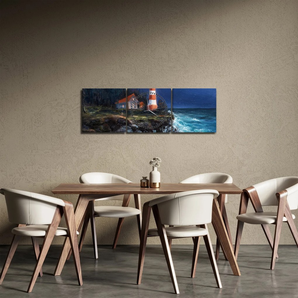 Obraz - Latarnia morska na brzegu oceanu, akwarela (z zegarem) (90x30 cm)