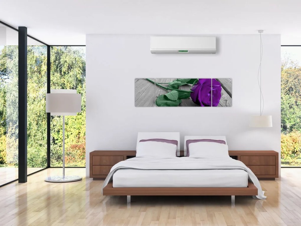 Obraz - Fioletowa róża z zieloną łodygą (170x50 cm)